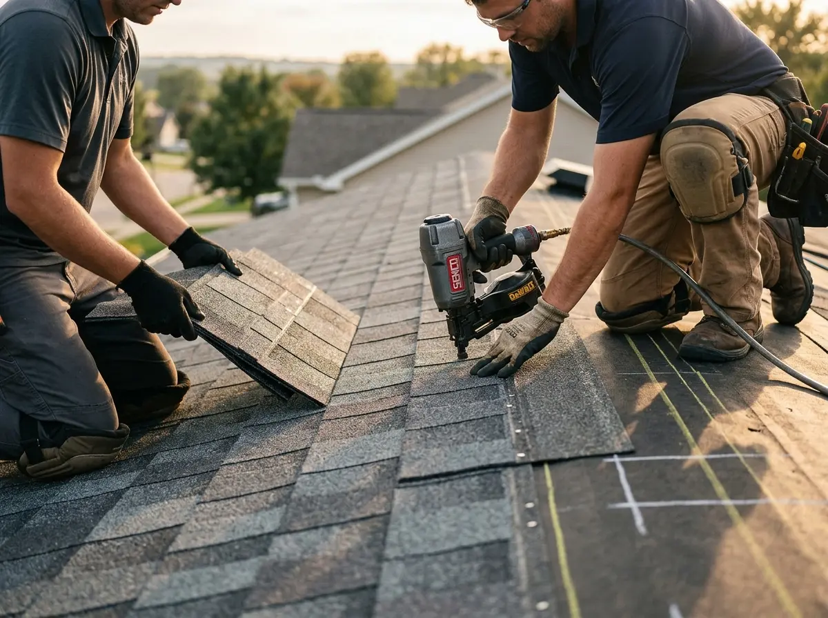 Professional roofer working on a residential roof in Gresham Park